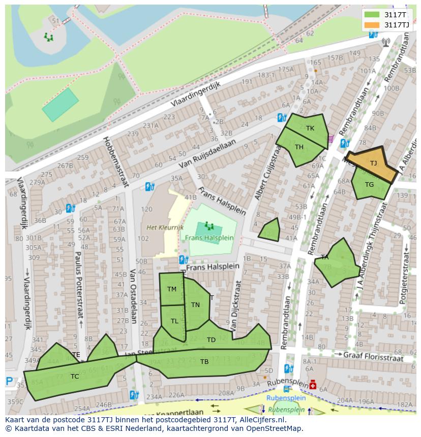 Afbeelding van het postcodegebied 3117 TJ op de kaart.