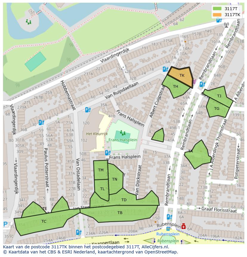 Afbeelding van het postcodegebied 3117 TK op de kaart.