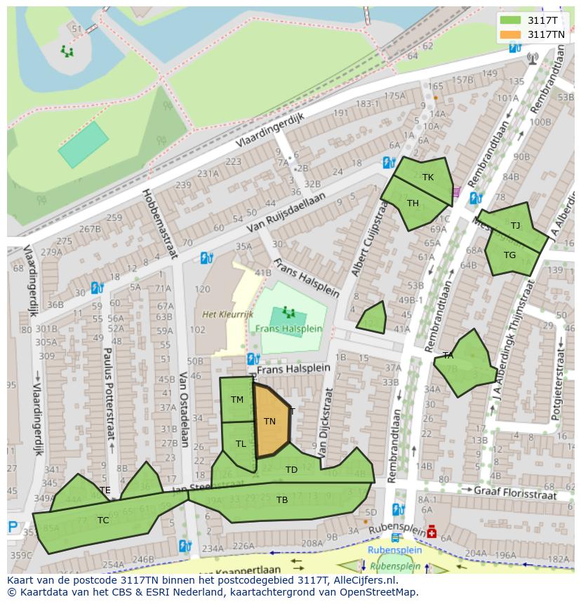 Afbeelding van het postcodegebied 3117 TN op de kaart.