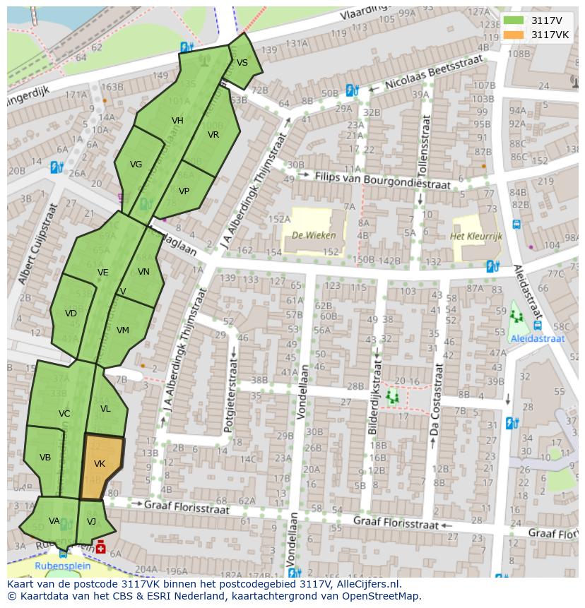 Afbeelding van het postcodegebied 3117 VK op de kaart.