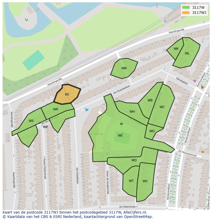 Afbeelding van het postcodegebied 3117 WJ op de kaart.