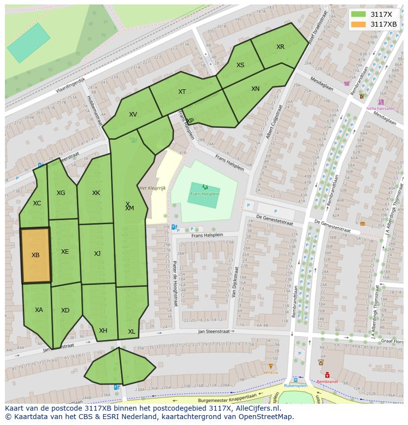 Afbeelding van het postcodegebied 3117 XB op de kaart.