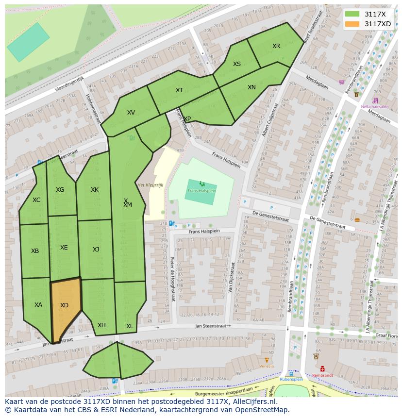 Afbeelding van het postcodegebied 3117 XD op de kaart.
