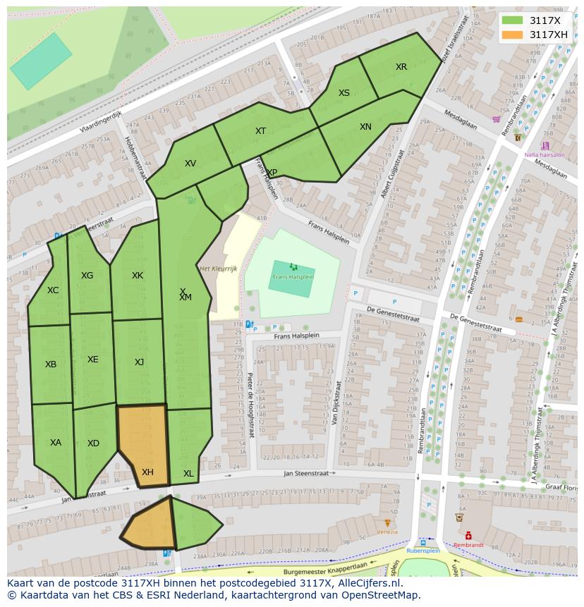 Afbeelding van het postcodegebied 3117 XH op de kaart.