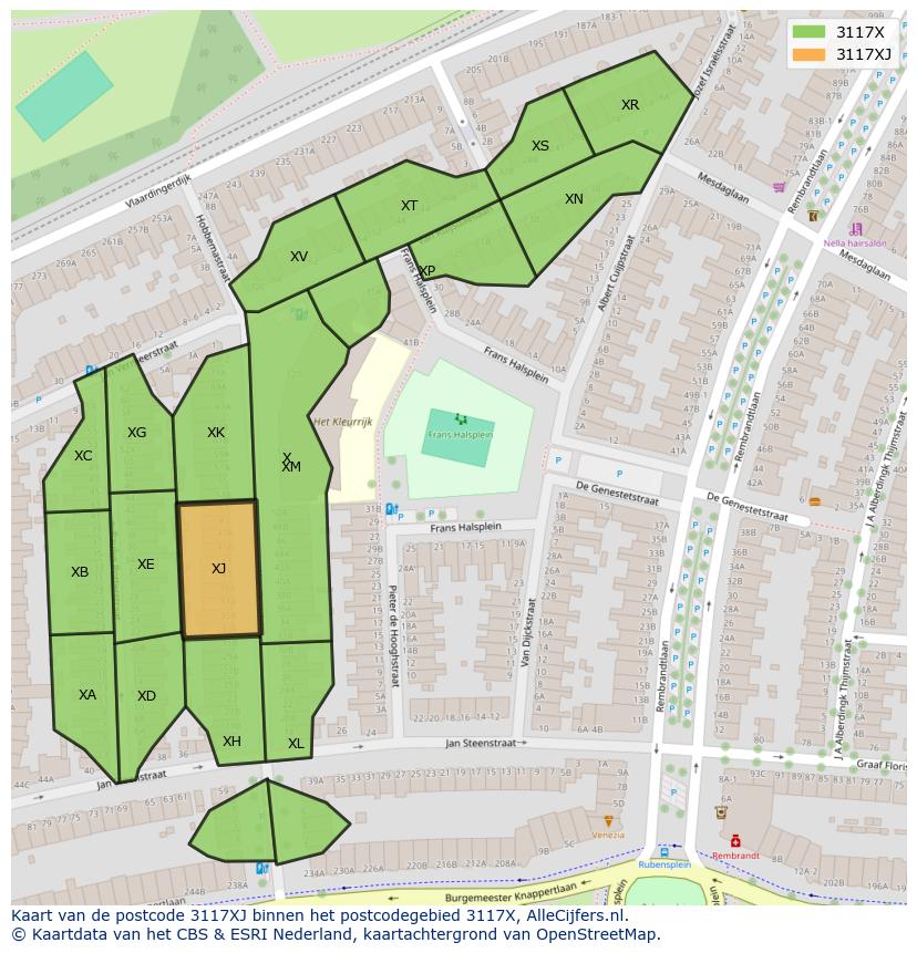 Afbeelding van het postcodegebied 3117 XJ op de kaart.