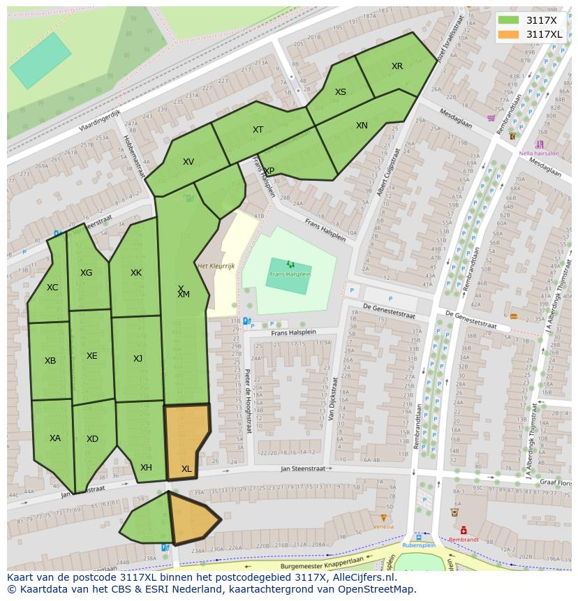 Afbeelding van het postcodegebied 3117 XL op de kaart.