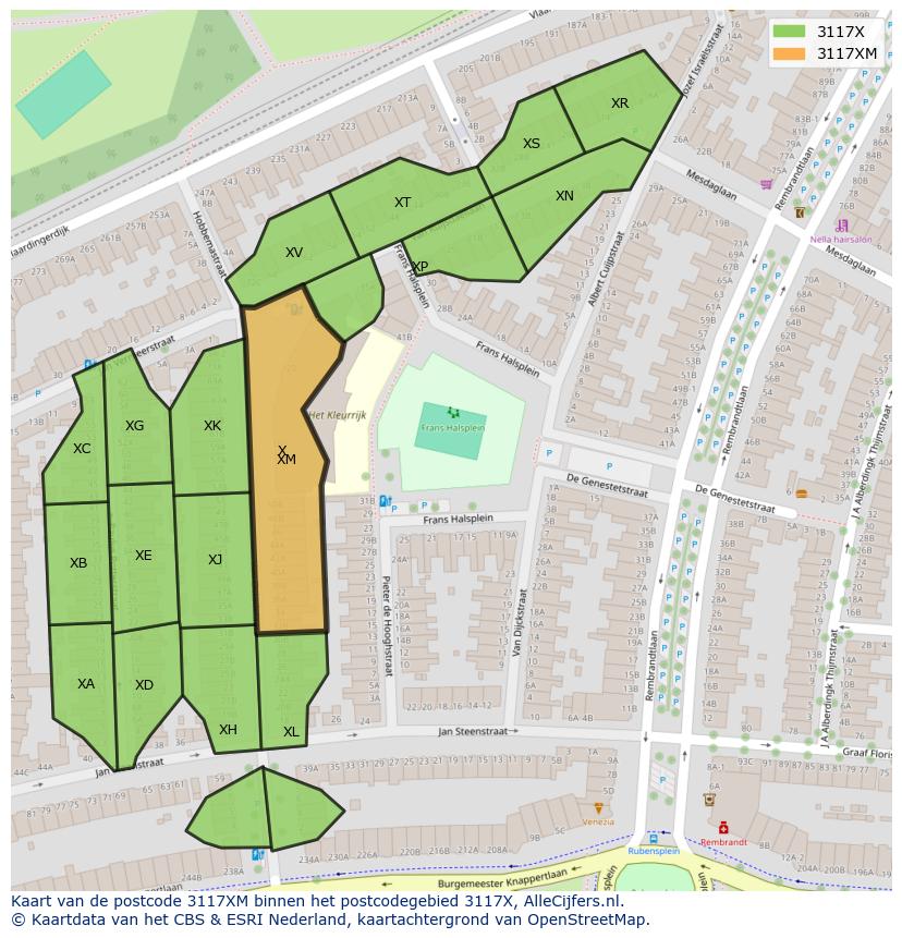 Afbeelding van het postcodegebied 3117 XM op de kaart.