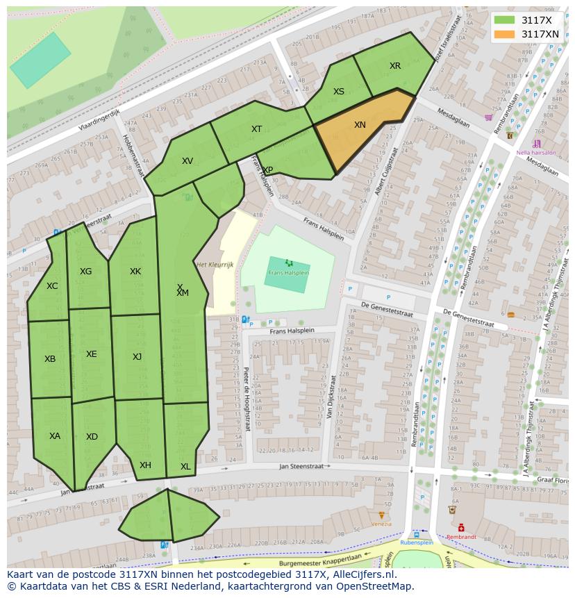 Afbeelding van het postcodegebied 3117 XN op de kaart.