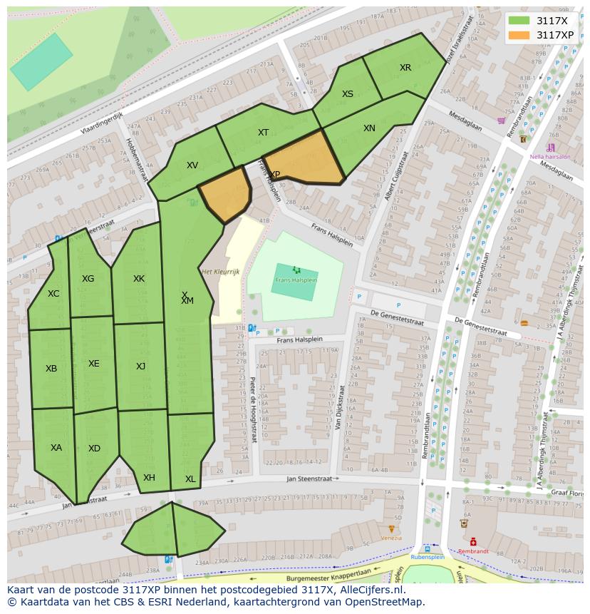 Afbeelding van het postcodegebied 3117 XP op de kaart.