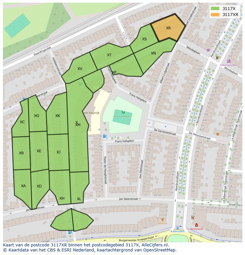 Afbeelding van het postcodegebied 3117 XR op de kaart.