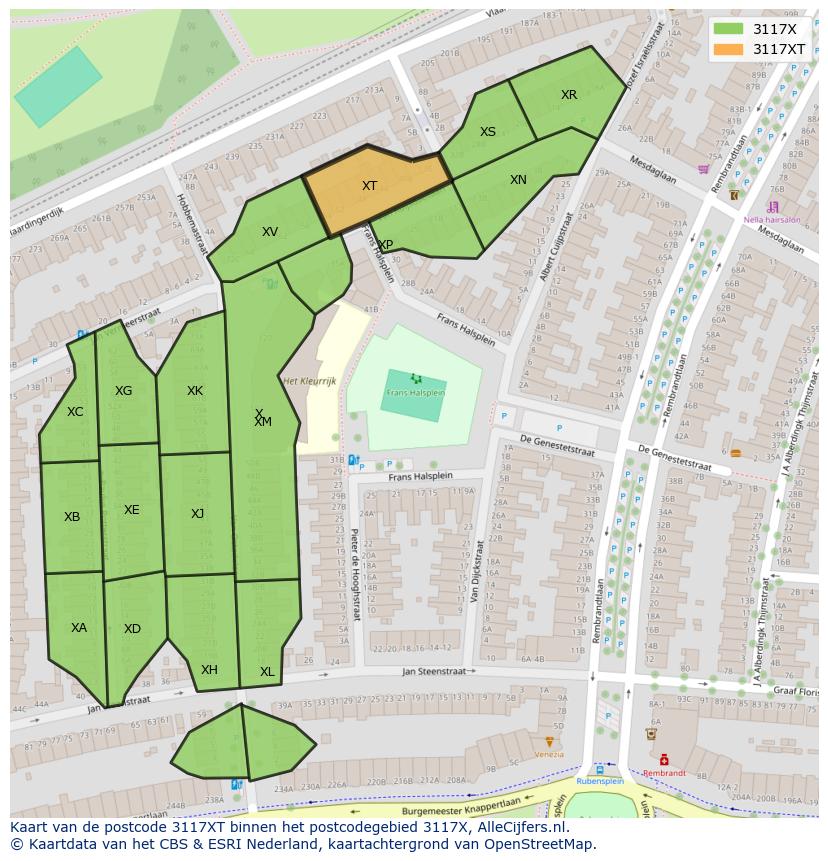 Afbeelding van het postcodegebied 3117 XT op de kaart.
