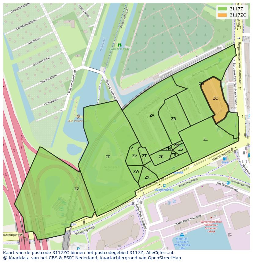Afbeelding van het postcodegebied 3117 ZC op de kaart.