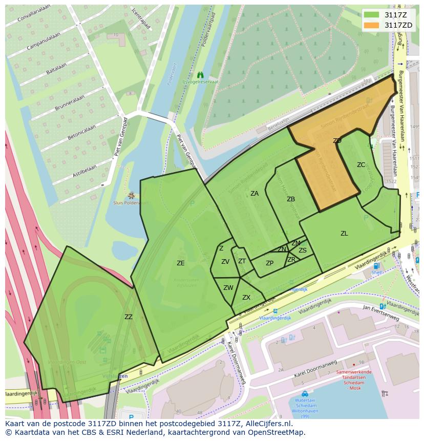 Afbeelding van het postcodegebied 3117 ZD op de kaart.