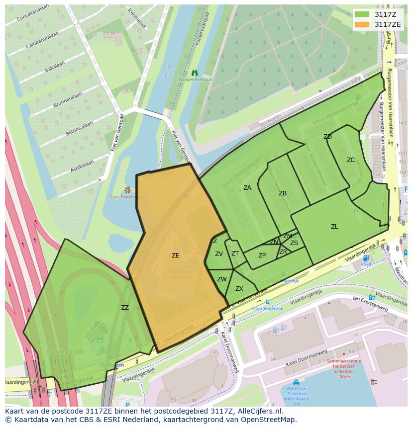 Afbeelding van het postcodegebied 3117 ZE op de kaart.
