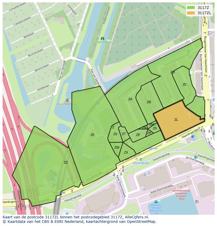 Afbeelding van het postcodegebied 3117 ZL op de kaart.