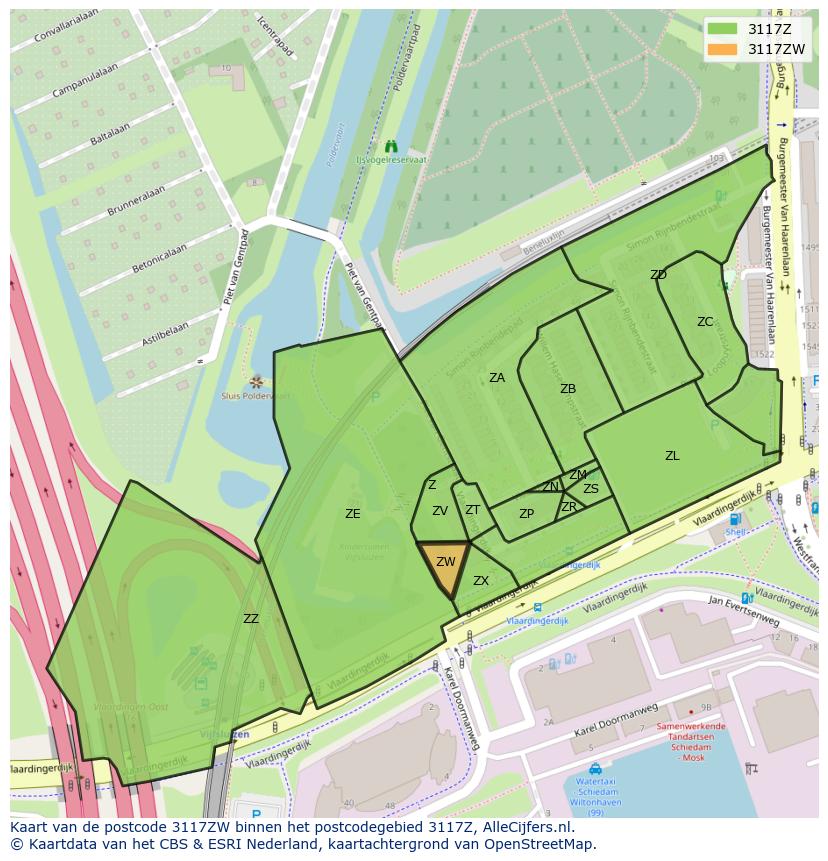 Afbeelding van het postcodegebied 3117 ZW op de kaart.