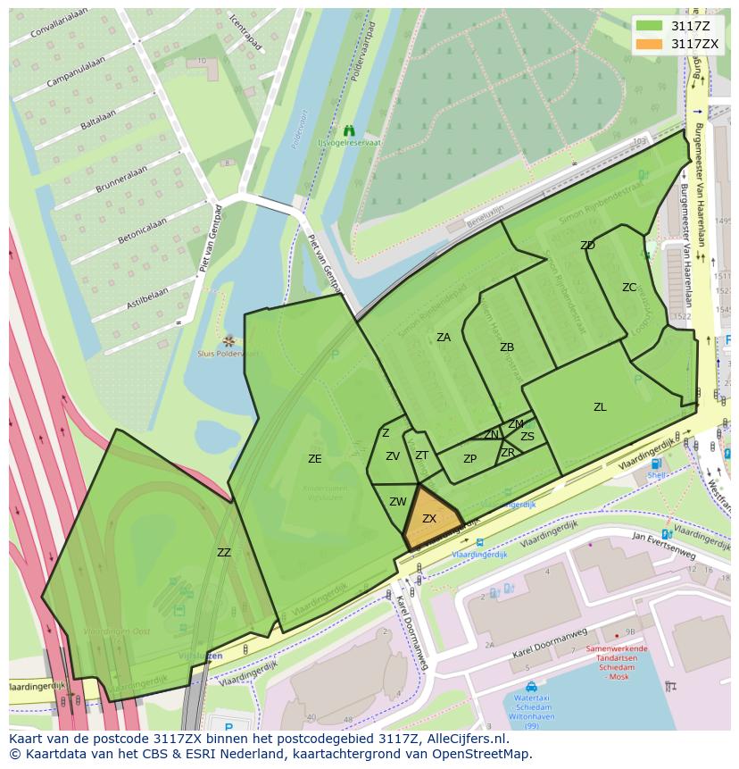 Afbeelding van het postcodegebied 3117 ZX op de kaart.
