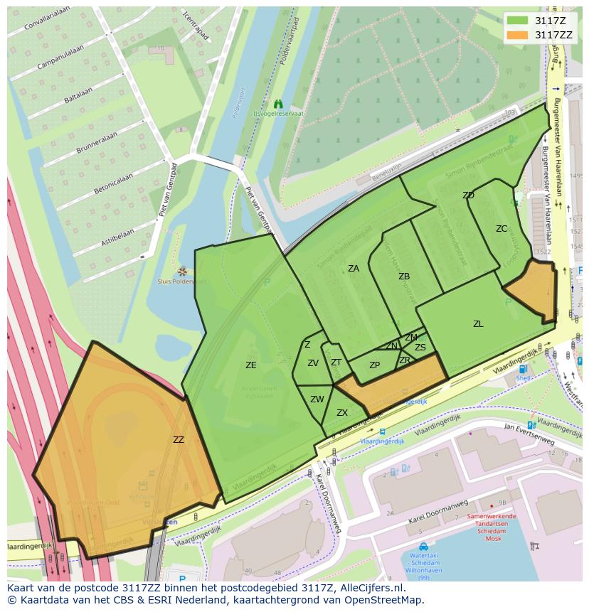 Afbeelding van het postcodegebied 3117 ZZ op de kaart.