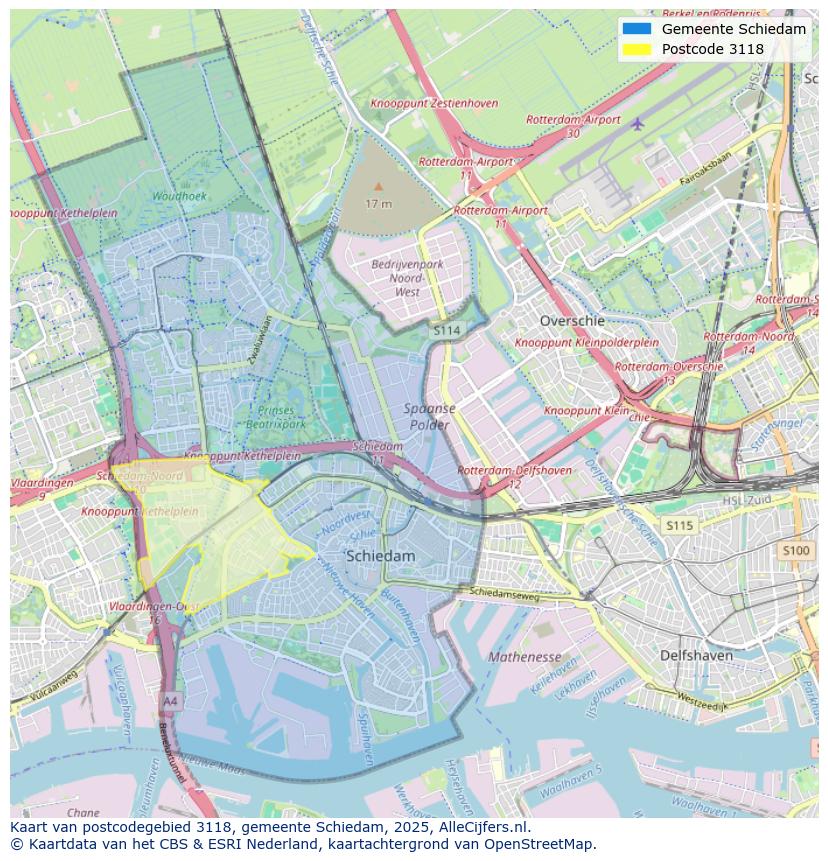 Afbeelding van het postcodegebied 3118 op de kaart.