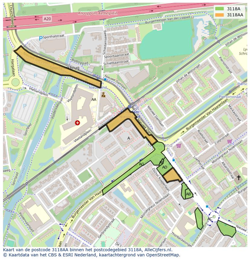 Afbeelding van het postcodegebied 3118 AA op de kaart.