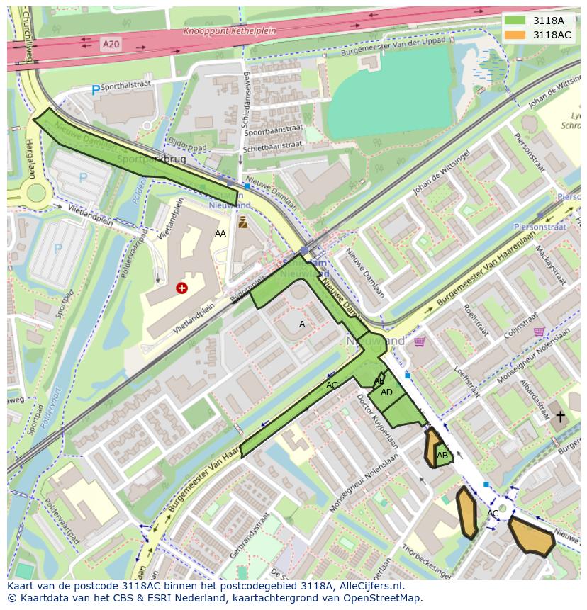 Afbeelding van het postcodegebied 3118 AC op de kaart.