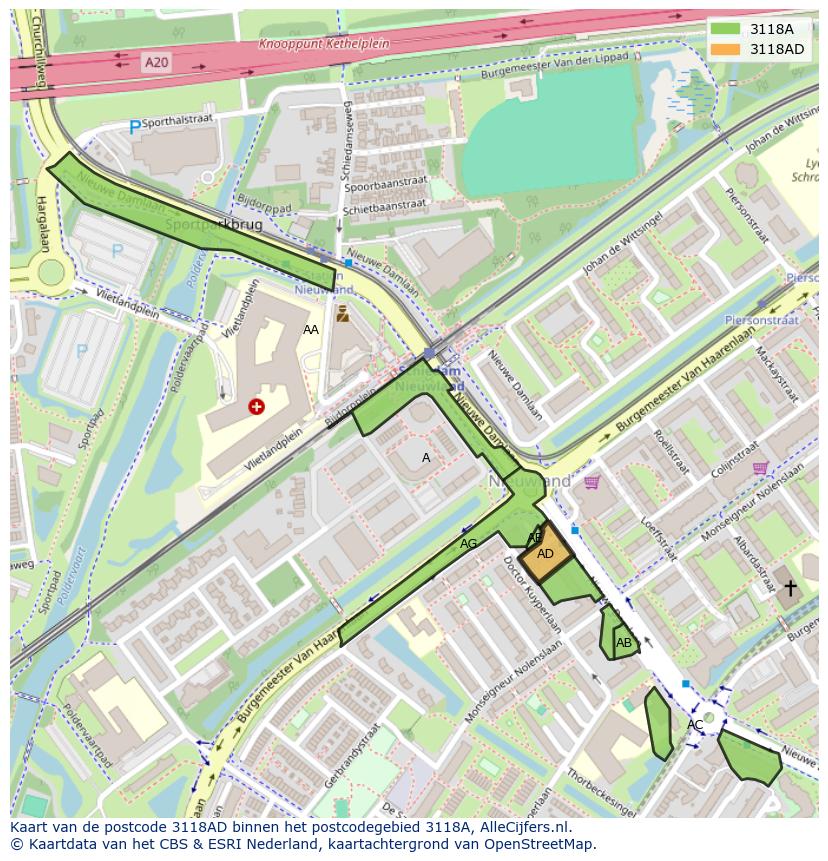 Afbeelding van het postcodegebied 3118 AD op de kaart.
