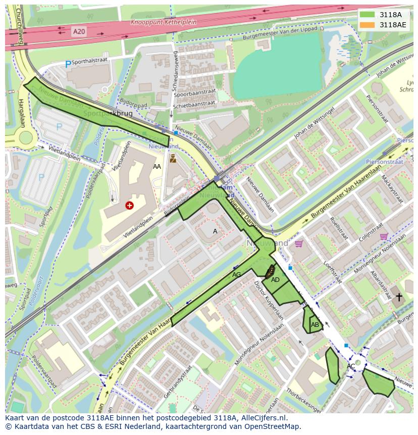 Afbeelding van het postcodegebied 3118 AE op de kaart.