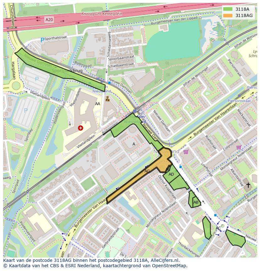 Afbeelding van het postcodegebied 3118 AG op de kaart.