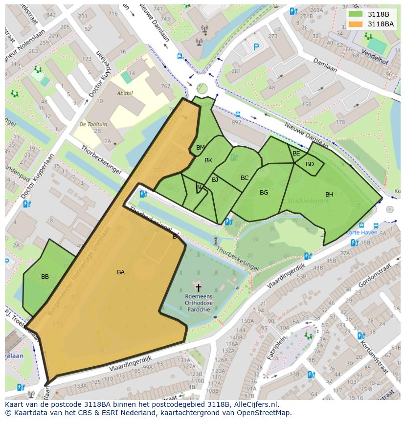 Afbeelding van het postcodegebied 3118 BA op de kaart.