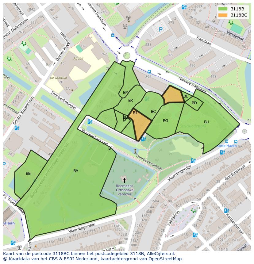 Afbeelding van het postcodegebied 3118 BC op de kaart.