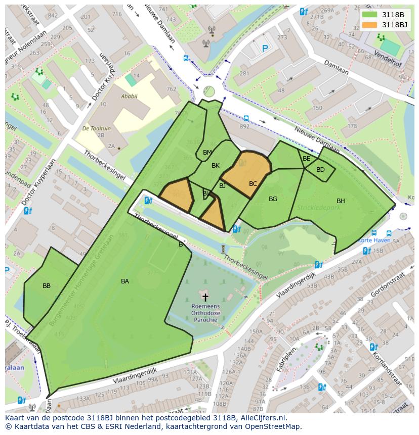 Afbeelding van het postcodegebied 3118 BJ op de kaart.