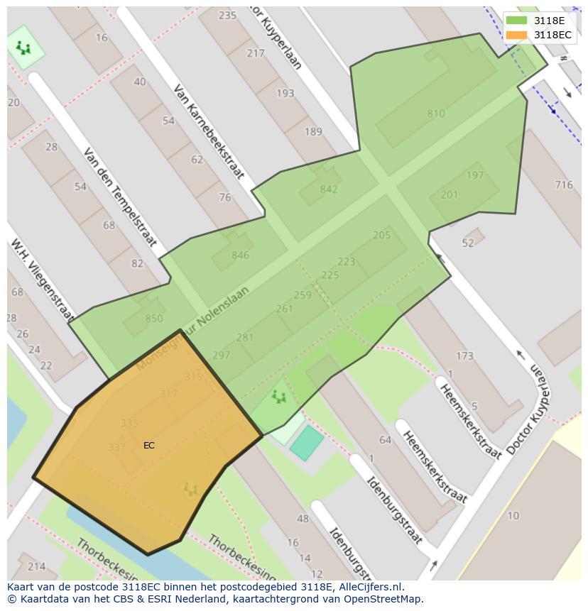 Afbeelding van het postcodegebied 3118 EC op de kaart.