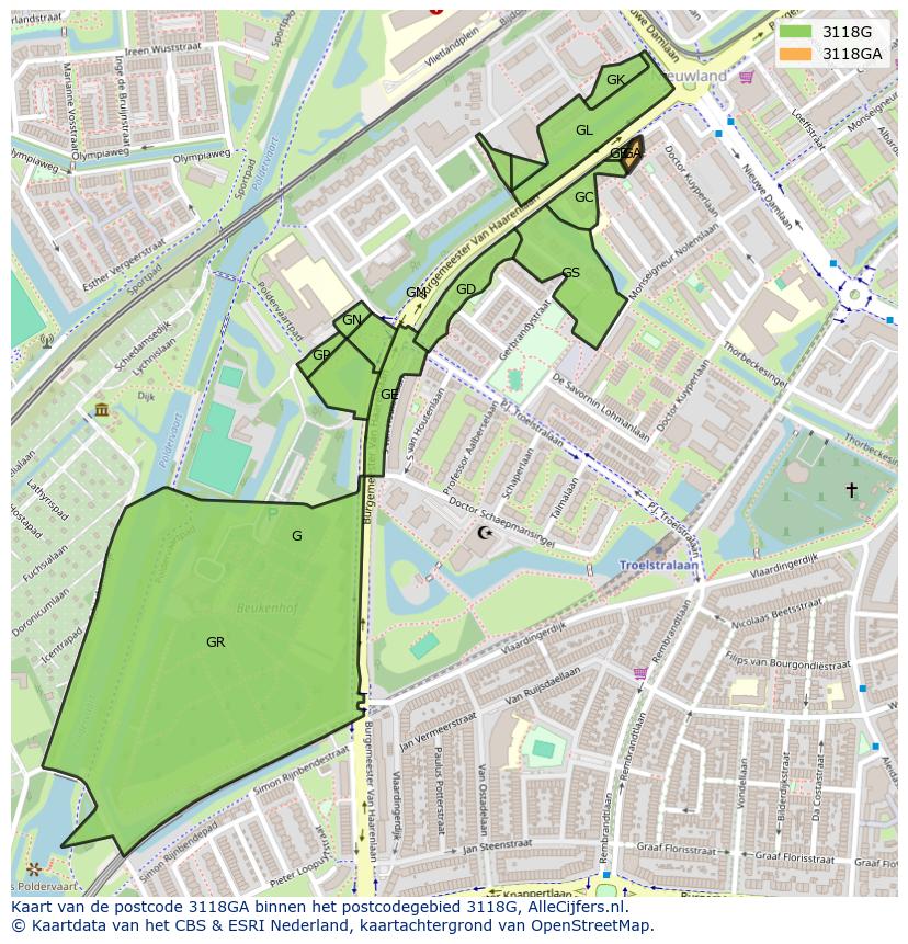Afbeelding van het postcodegebied 3118 GA op de kaart.