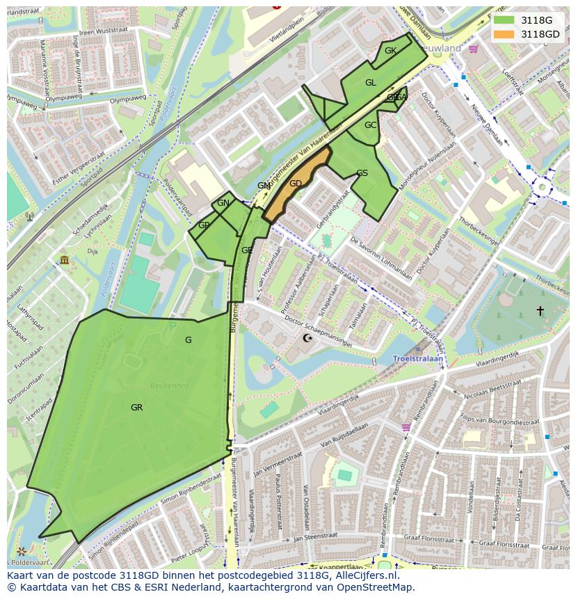 Afbeelding van het postcodegebied 3118 GD op de kaart.