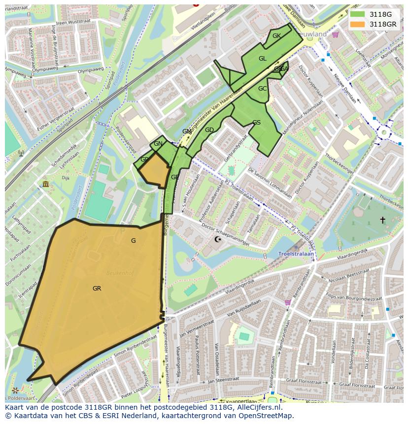 Afbeelding van het postcodegebied 3118 GR op de kaart.
