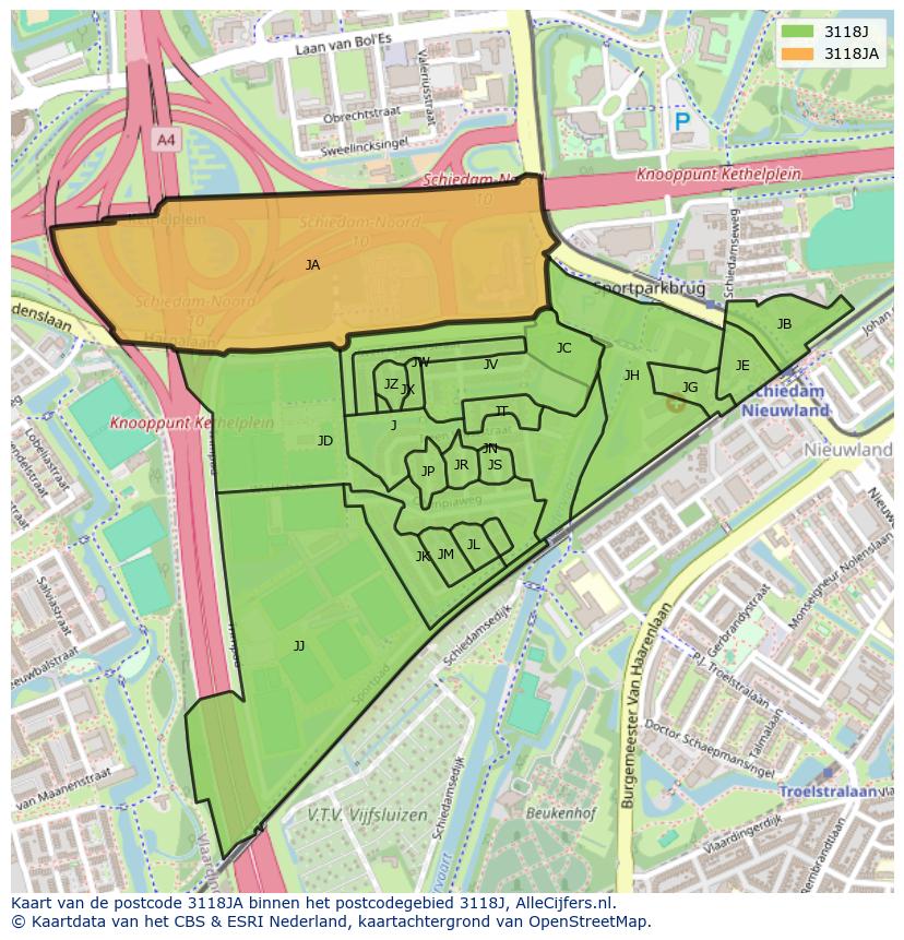 Afbeelding van het postcodegebied 3118 JA op de kaart.