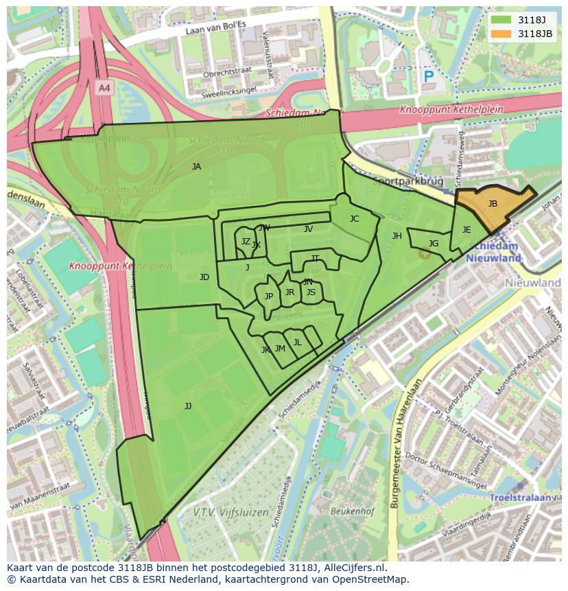 Afbeelding van het postcodegebied 3118 JB op de kaart.