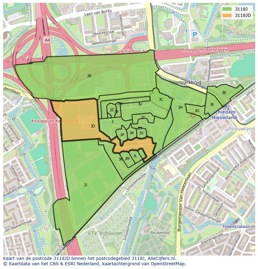 Afbeelding van het postcodegebied 3118 JD op de kaart.