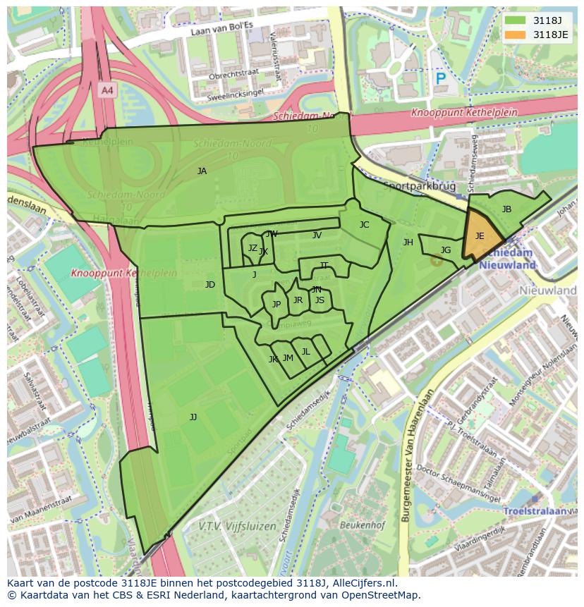 Afbeelding van het postcodegebied 3118 JE op de kaart.