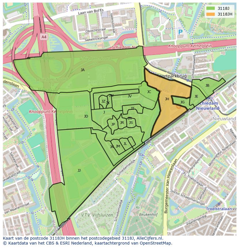 Afbeelding van het postcodegebied 3118 JH op de kaart.
