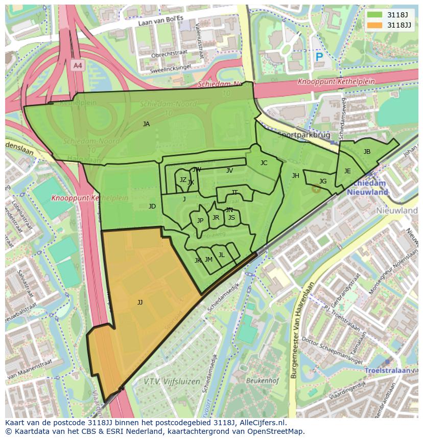 Afbeelding van het postcodegebied 3118 JJ op de kaart.