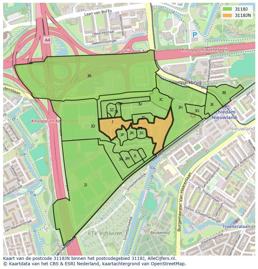 Afbeelding van het postcodegebied 3118 JN op de kaart.