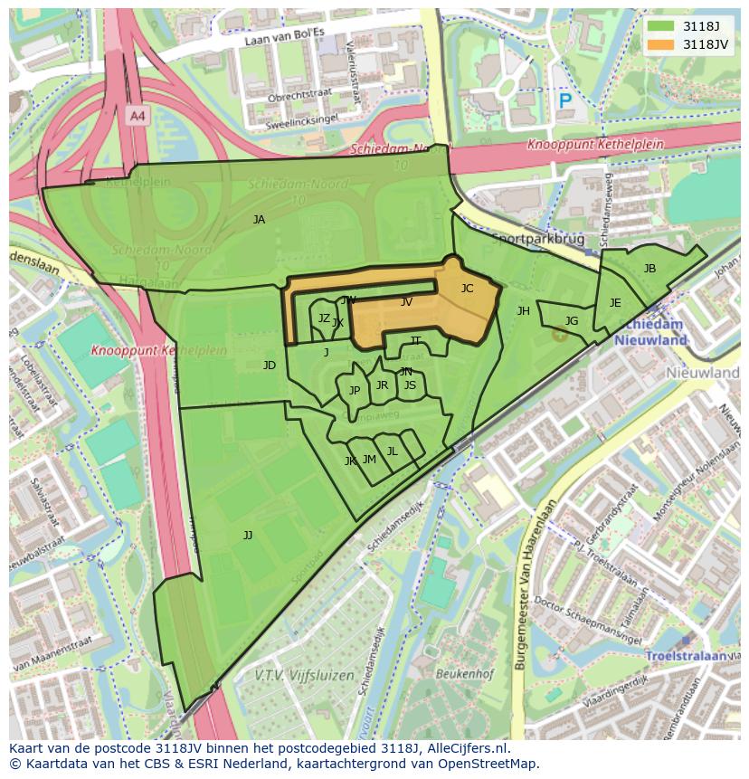 Afbeelding van het postcodegebied 3118 JV op de kaart.