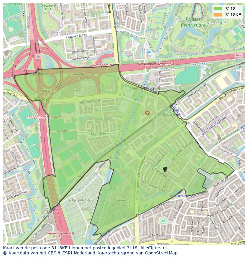 Afbeelding van het postcodegebied 3118 KE op de kaart.