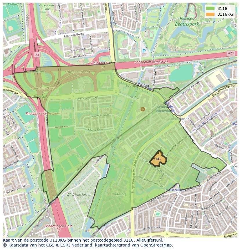 Afbeelding van het postcodegebied 3118 KG op de kaart.