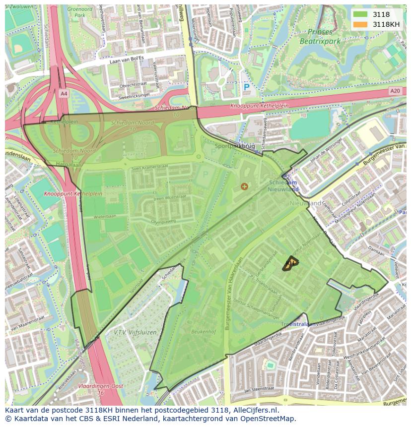 Afbeelding van het postcodegebied 3118 KH op de kaart.