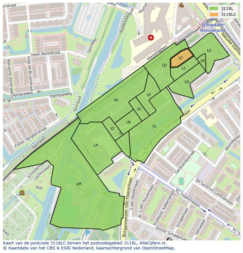 Afbeelding van het postcodegebied 3118 LC op de kaart.