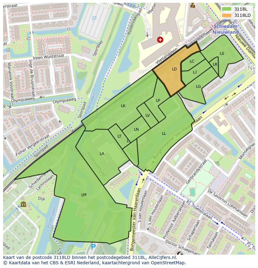 Afbeelding van het postcodegebied 3118 LD op de kaart.