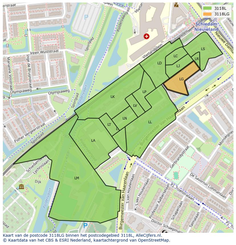 Afbeelding van het postcodegebied 3118 LG op de kaart.