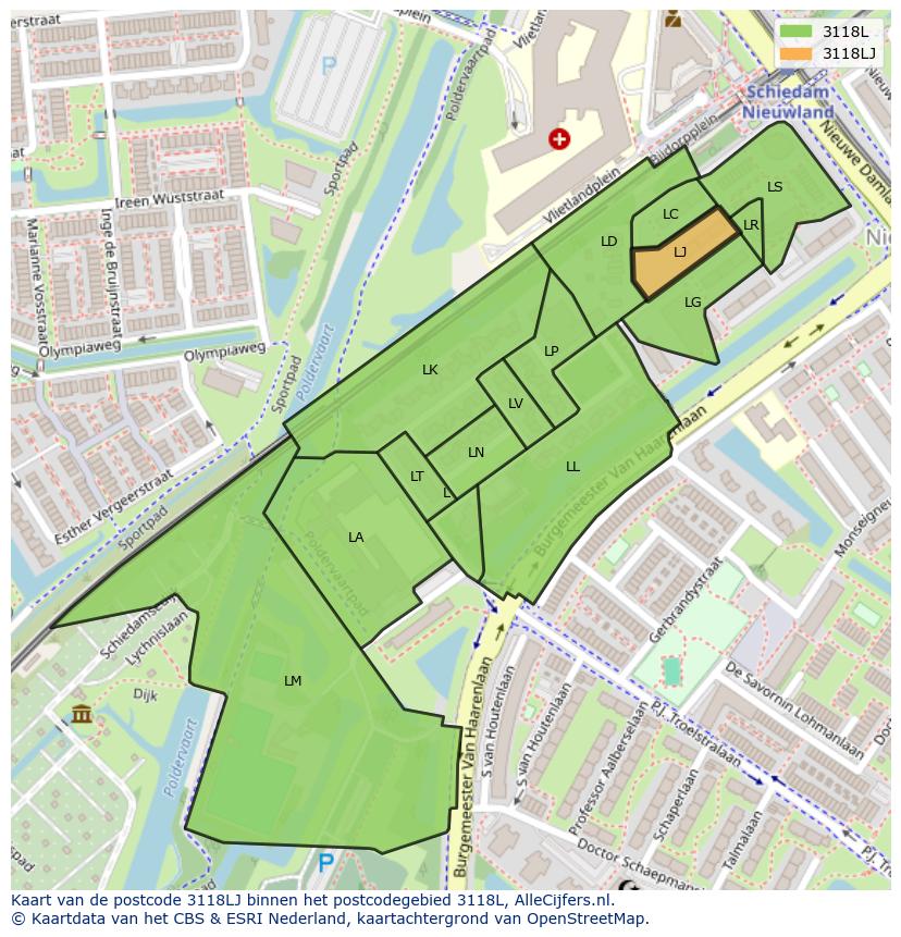 Afbeelding van het postcodegebied 3118 LJ op de kaart.